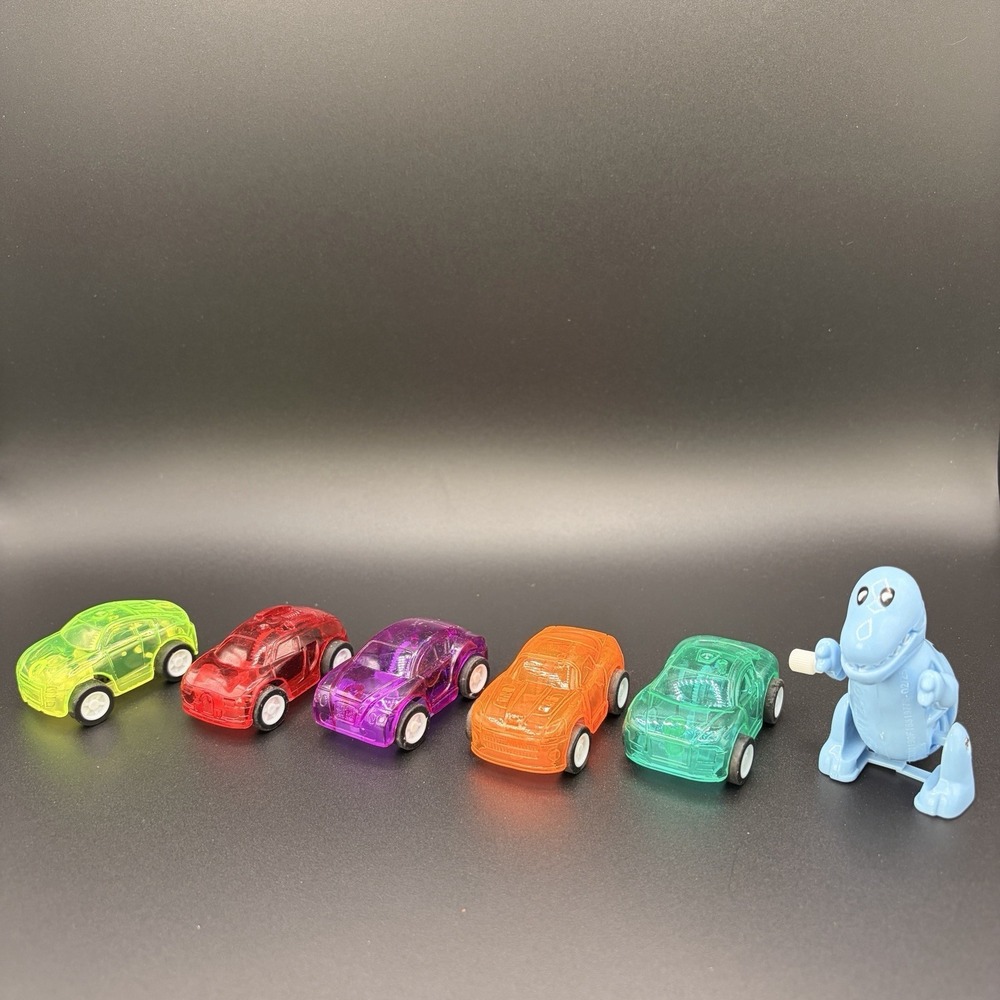 Lot Of 5 Toy Race Cars Transparent Friction-powered Cars 2" & 1 Wind Up Dino.
